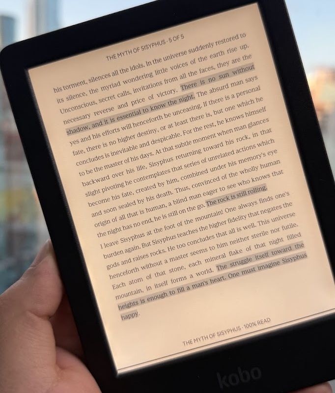 Photo of a Kobo showing the last page of the book 'The Myth of Sisyphus', by Albert Camus